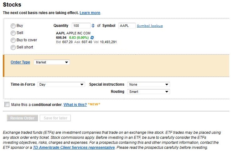 Order Entry Screen for a Market Order