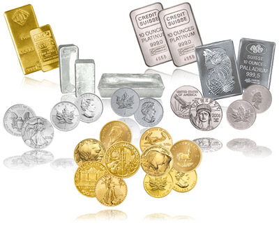 gold, silver, platinum, and palladium bars, bullion, and coins